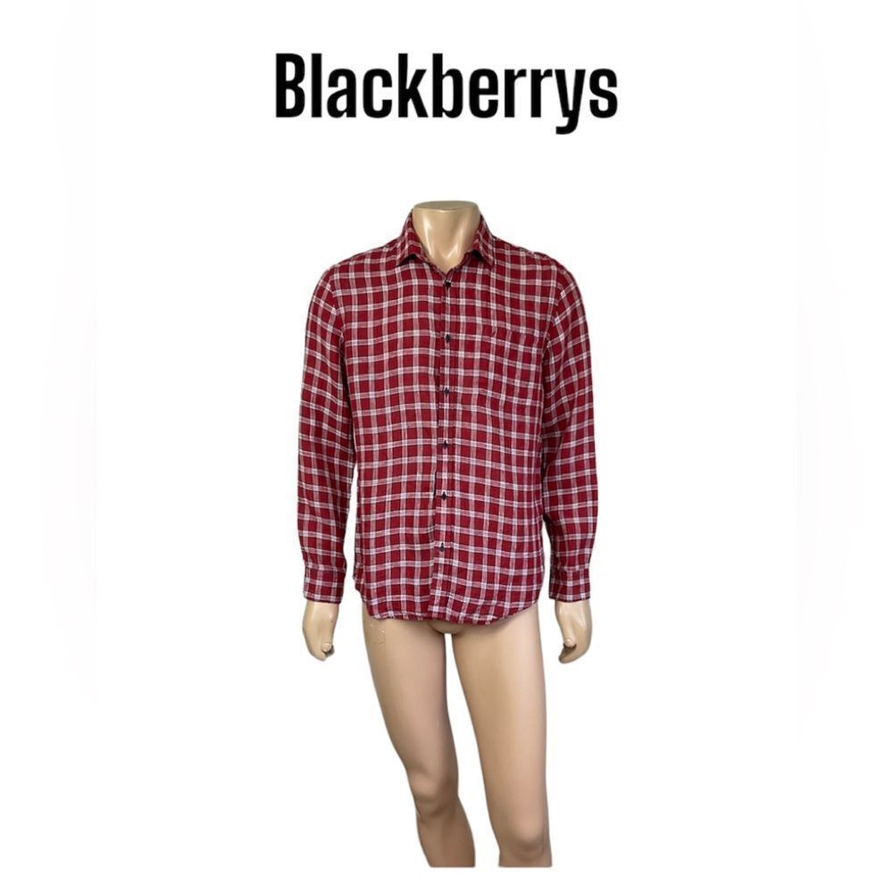 BlackBerrys 100% linen slim red plaid button down casual long sleeves shirt XL